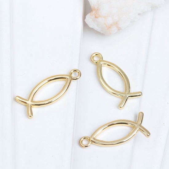 Picture of Brass Charms Jesus/ Christian Fish Ichthys Gold Plated Hollow 26mm(1") x 11mm( 3/8"), 2 PCs                                                                                                                                                                   