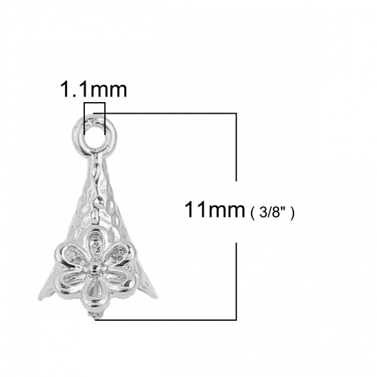 Picture of Brass Pearl Pendant Connector Bail Pin Cap Cone Silver Plated Flower Pattern (Needle Thickness: 0.9mm) 11mm( 3/8") x 6mm( 2/8"), 5 PCs                                                                                                                        