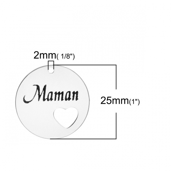 Immagine di 304 Acciaio Inossidabile Charms Tondo Tono Argento Lettere " Maman " 25mm Dia, 3 Pz