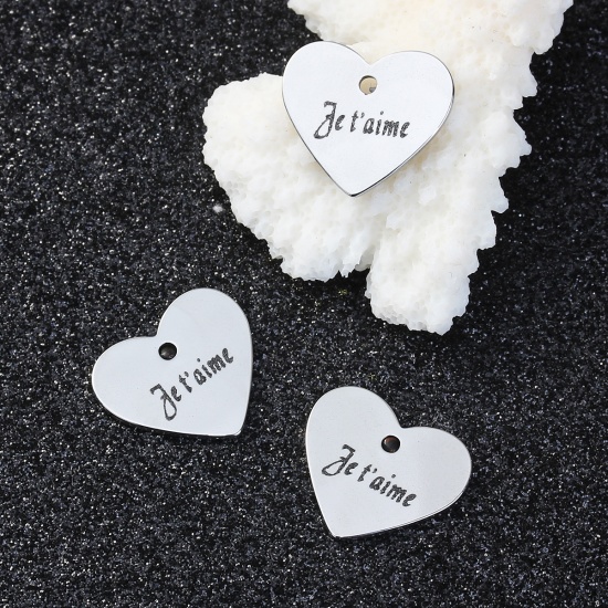 Bild von 304 Edelstahl Charms Herz Silberfarbe Message " Je t'aime " 18mm x 16mm 5 Stück