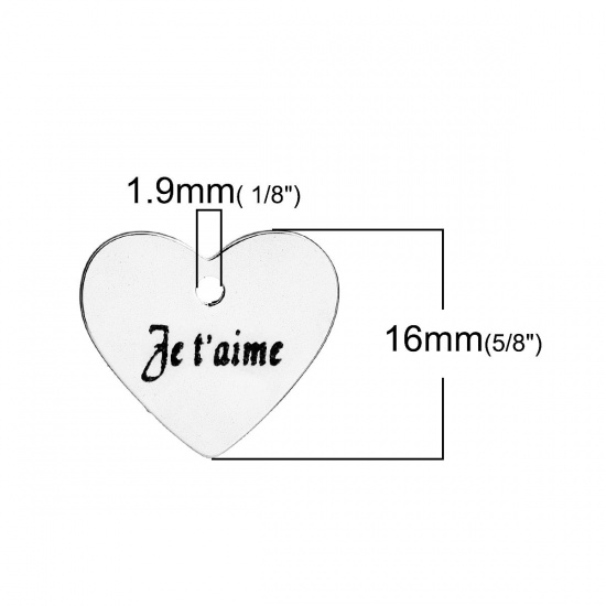 Bild von 304 Edelstahl Charms Herz Silberfarbe Message " Je t'aime " 18mm x 16mm 5 Stück