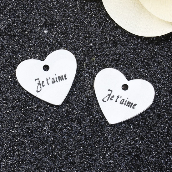Bild von 304 Edelstahl Charms Herz Silberfarbe Message " Je t'aime " 18mm x 16mm 5 Stück