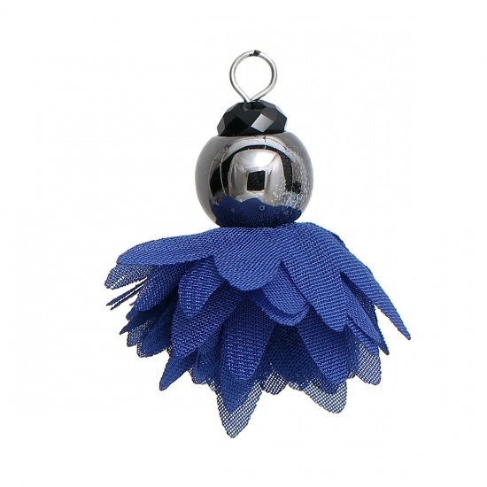 Изображение Полиэстер Шлифованный Подвески кисточка Цветок Вороненая сталь Темно-синий 40мм x 40мм, 3 ШТ