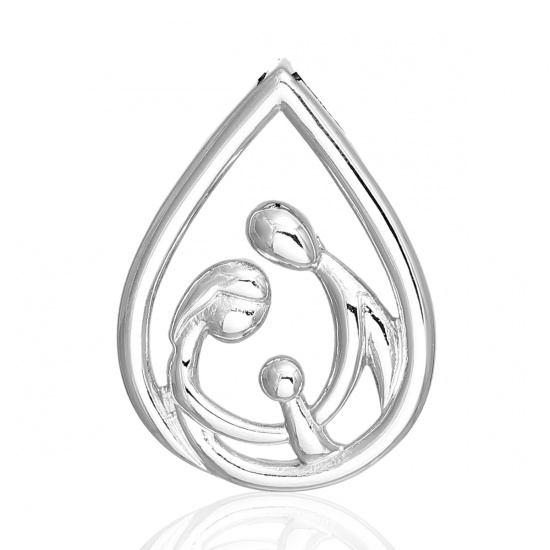 Picture of Brass Pendants Parents And Child Silver Tone Drop Hollow 31mm(1 2/8") x 23mm( 7/8"), 1 Piece                                                                                                                                                                  