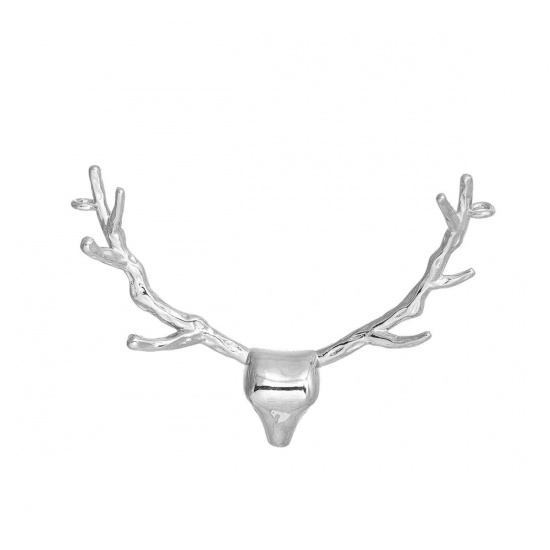 Picture of Brass Pendants Antlers Silver Tone 39mm(1 4/8") x 34mm(1 3/8"), 1 Piece                                                                                                                                                                                       