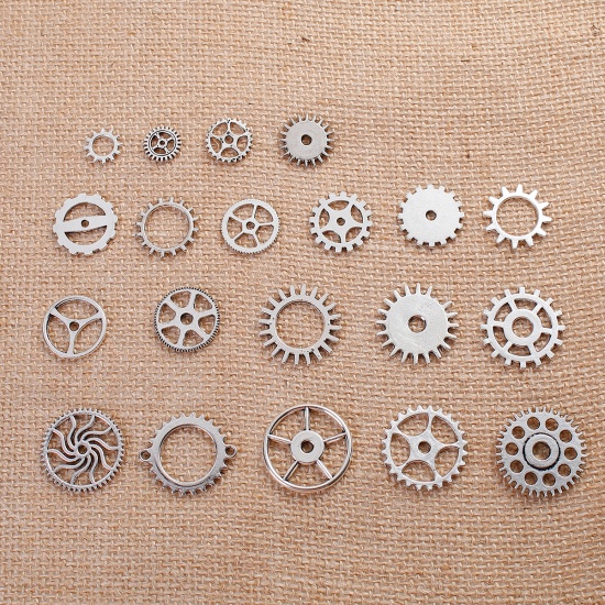 Picture of Zinc Based Alloy Steampunk Charms Gear Antique Silver Mixed Hollow 26mm x26mm(1" x1") - 12mm x12mm( 4/8" x 4/8"), 1 Set(20 Pieces/Set)