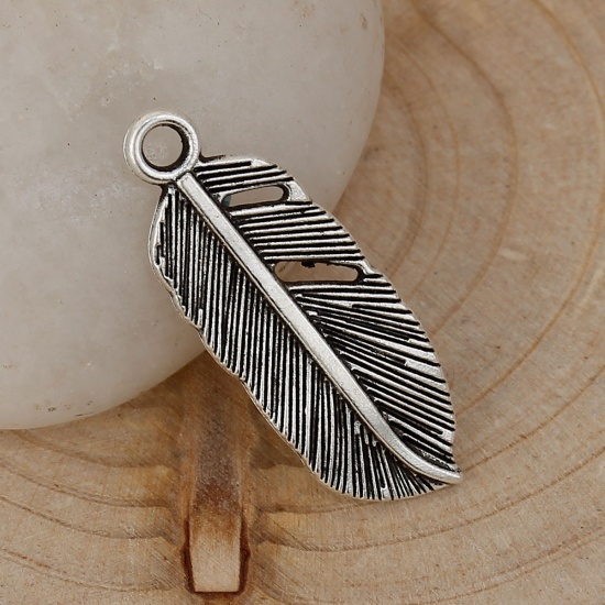 Picture of Zinc Based Alloy Charms Feather Antique Silver 26mm(1") x 9mm( 3/8"), 50 PCs