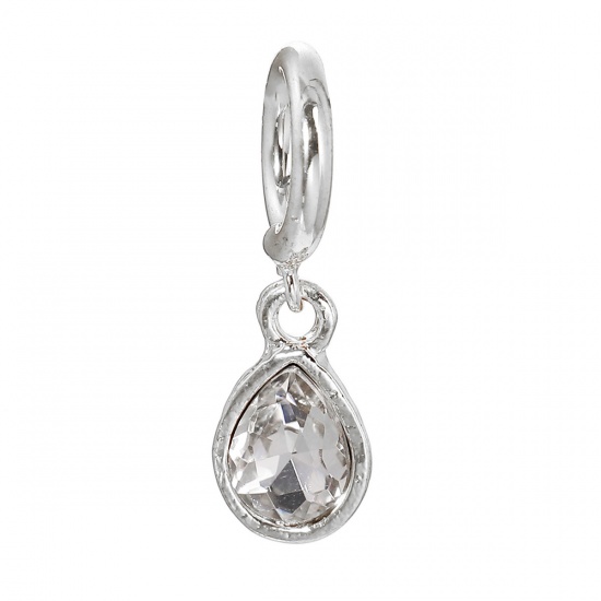 Immagine di Ottone Charms Goccia Tono Argento Trasparente Strass 26mm x 11mm , 5 Pz