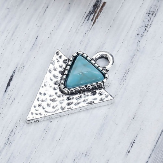 Picture of Zinc Based Alloy Boho Chic Bohemia Charms Antique Silver Color Green Blue Arrowhead With Resin Cabochons Imitation Turquoise 19mm x 14mm, 10 PCs