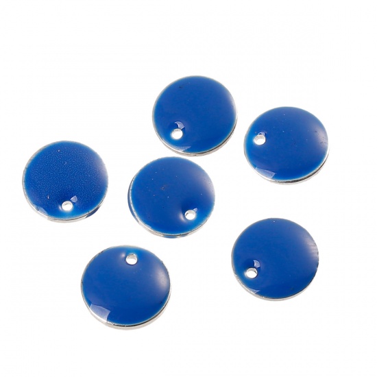 Picture of 5 PCs Brass Enamelled Sequins Charms Silver Tone Royal Blue Round Enamel 10mm Dia.