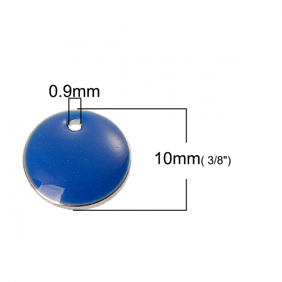 Picture of 5 PCs Brass Enamelled Sequins Charms Silver Tone Royal Blue Round Enamel 10mm Dia.