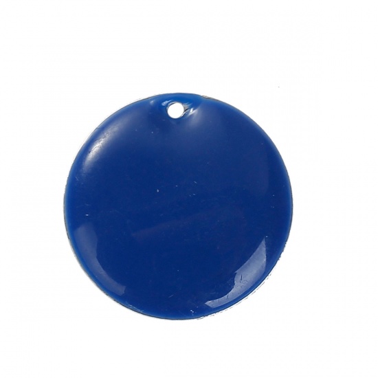 Изображение Латунь Подвески Круглые Серебряный Тон Темно-синий С Эмалью 20мм диаметр, 5 ШТ                                                                                                                                                                                