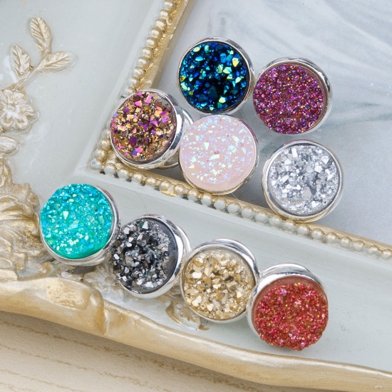 Picture of Resin Druzy /Drusy Tie Tac Lapel Pin Brooches Round Silver Plated Golden AB Color 14mm( 4/8") Dia., 1 Piece