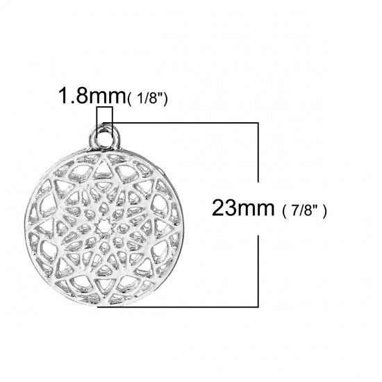 Picture of Zinc Based Alloy Buddhism Mandala Charms Round Silver Tone Hollow 23mm( 7/8") x 20mm( 6/8"), 10 PCs