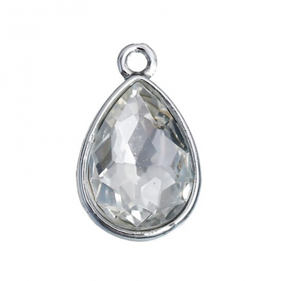 Picture of Apr Birthstone Charms Drop Silver Tone Clear Glass Rhinestone Faceted 19mm( 6/8") x 12mm( 4/8"), 10 PCs