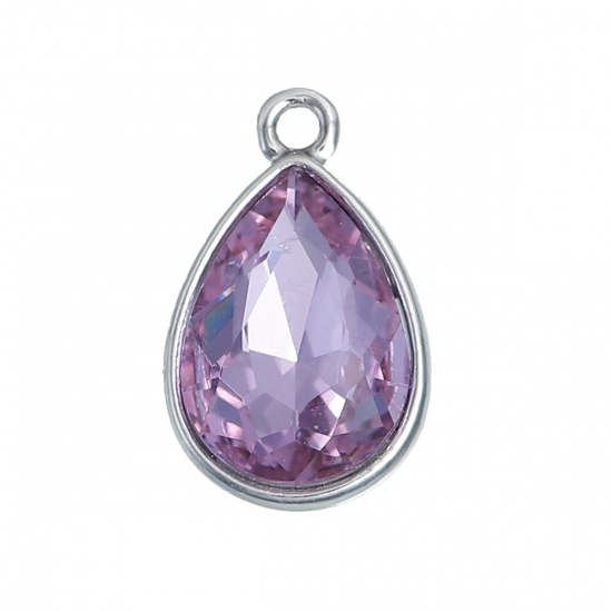 Picture of June Birthstone Charms Drop Silver Tone Purple Glass Rhinestone Faceted 19mm( 6/8") x 12mm( 4/8"), 10 PCs