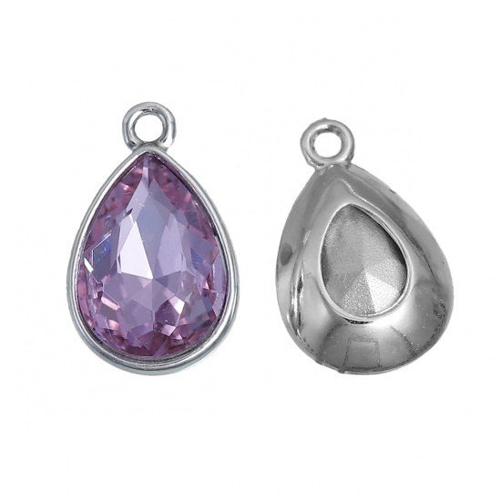Picture of June Birthstone Charms Drop Silver Tone Purple Glass Rhinestone Faceted 19mm( 6/8") x 12mm( 4/8"), 10 PCs