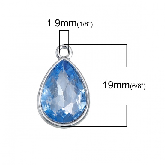 Picture of Dec Birthstone Charms Drop Silver Tone Skyblue Glass Rhinestone Faceted 19mm( 6/8") x 12mm( 4/8"), 10 PCs