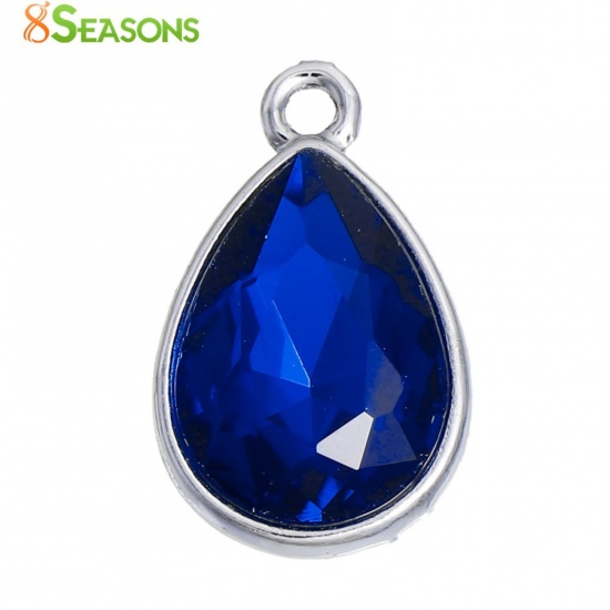 Picture of Sep Birthstone Charms Drop Silver Tone Royal Blue Glass Rhinestone Faceted 19mm( 6/8") x 12mm( 4/8"), 10 PCs