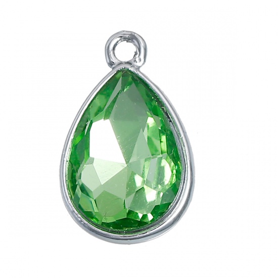 Picture of Aug Birthstone Charms Drop Silver Tone Grass Green Glass Rhinestone Faceted 19mm( 6/8") x 12mm( 4/8"), 10 PCs