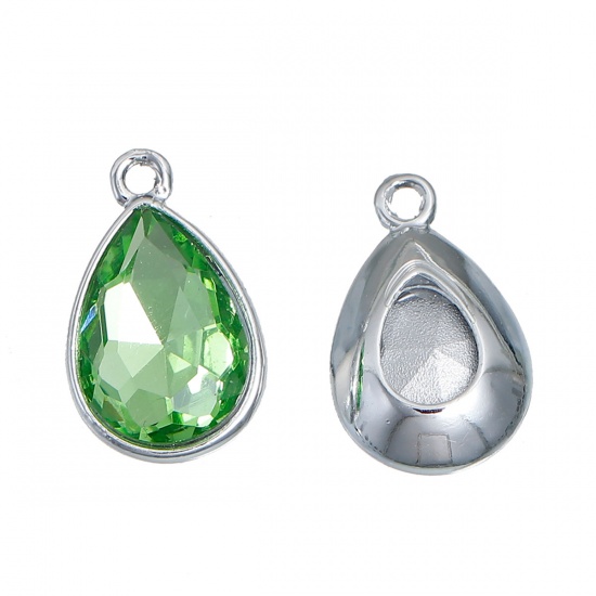 Picture of Aug Birthstone Charms Drop Silver Tone Grass Green Glass Rhinestone Faceted 19mm( 6/8") x 12mm( 4/8"), 10 PCs