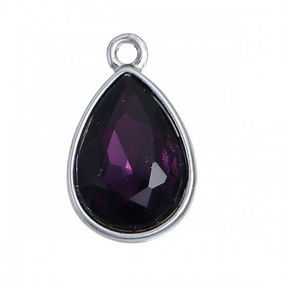Picture of Feb Birthstone Charms Drop Silver Tone Purple Glass Rhinestone Faceted 19mm( 6/8") x 12mm( 4/8"), 10 PCs
