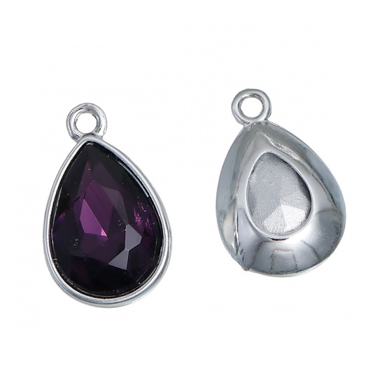 Picture of Feb Birthstone Charms Drop Silver Tone Purple Glass Rhinestone Faceted 19mm( 6/8") x 12mm( 4/8"), 10 PCs