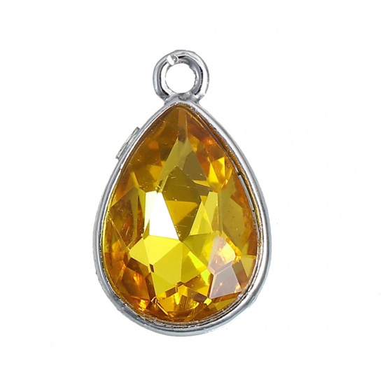 Picture of Nov Birthstone Charms Drop Silver Tone Orange Glass Rhinestone Faceted 19mm( 6/8") x 12mm( 4/8"), 10 PCs