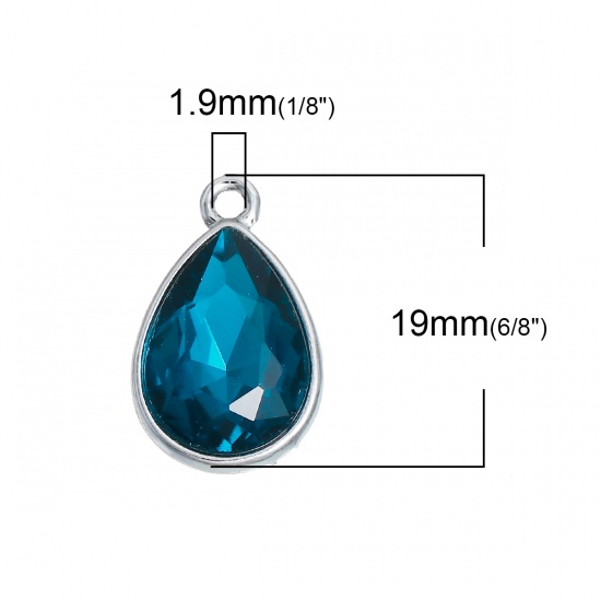 Picture of Mar Birthstone Charms Drop Silver Tone Ink Blue Glass Rhinestone Faceted 19mm( 6/8") x 12mm( 4/8"), 10 PCs