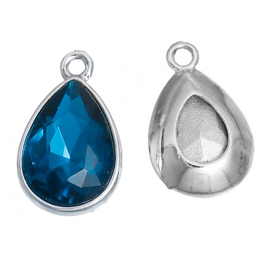 Picture of Mar Birthstone Charms Drop Silver Tone Ink Blue Glass Rhinestone Faceted 19mm( 6/8") x 12mm( 4/8"), 10 PCs