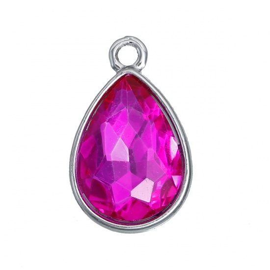 Picture of Oct Birthstone Charms Drop Silver Tone Fuchsia Glass Rhinestone Faceted 19mm( 6/8") x 12mm( 4/8"), 10 PCs