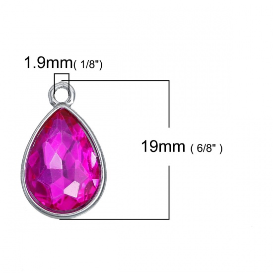 Picture of Oct Birthstone Charms Drop Silver Tone Fuchsia Glass Rhinestone Faceted 19mm( 6/8") x 12mm( 4/8"), 10 PCs