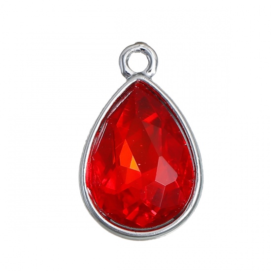 Picture of July Birthstone Charms Drop Silver Tone Red Glass Rhinestone Faceted 19mm( 6/8") x 12mm( 4/8"), 10 PCs