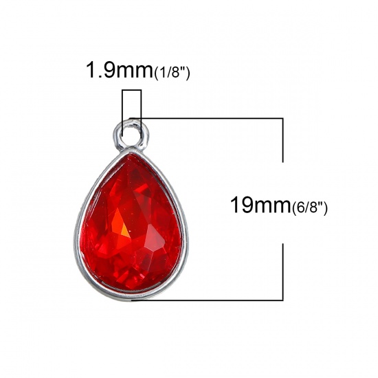 Picture of July Birthstone Charms Drop Silver Tone Red Glass Rhinestone Faceted 19mm( 6/8") x 12mm( 4/8"), 10 PCs