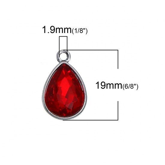Picture of Jan Birthstone Charms Drop Silver Tone Dark Red Glass Rhinestone Faceted 19mm( 6/8") x 12mm( 4/8"), 10 PCs
