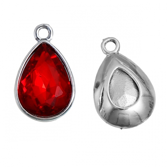 Picture of Jan Birthstone Charms Drop Silver Tone Dark Red Glass Rhinestone Faceted 19mm( 6/8") x 12mm( 4/8"), 10 PCs