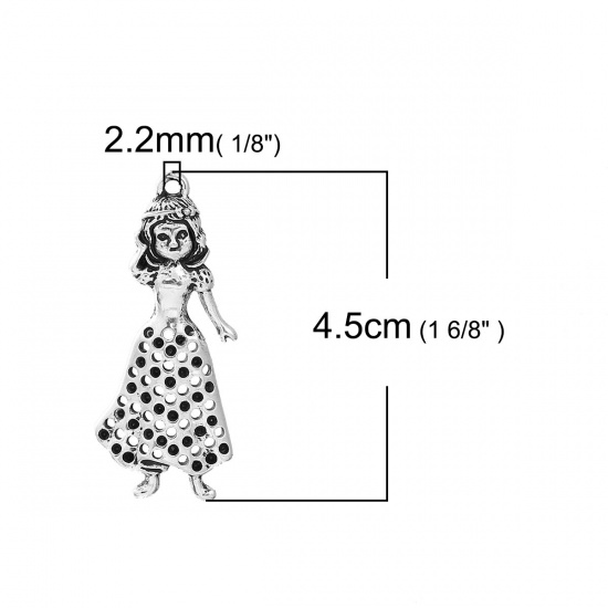 Immagine di Lega di Zinco Ciondoli Ragazza Argento Antico Polka Dot Filigrana 45mm x 19mm , 5 Pz