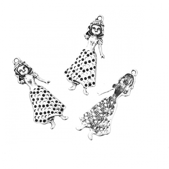 Immagine di Lega di Zinco Ciondoli Ragazza Argento Antico Polka Dot Filigrana 45mm x 19mm , 5 Pz