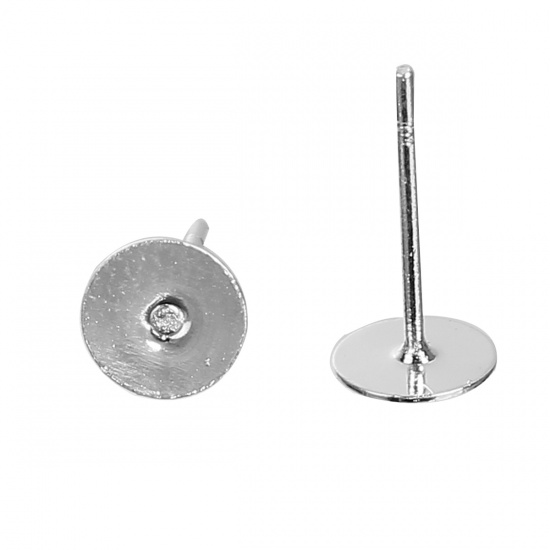 Picture of Brass Ear Post Stud Earrings Cabochon Settings Round Silver Plated (Fit 8mm Dia.) 12mm( 4/8") x 8mm( 3/8"), Post/ Wire Size: (21 gauge), 50 PCs                                                                                                               