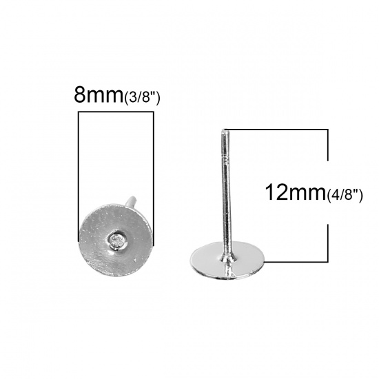 Immagine di Ottone Orecchini a Perno Accessori Tondo Argento Placcato Basi per Cabochon (Addetti: 8mm) 12mm x 8mm posta / filo: ( 0.7mm )， 50 Pz