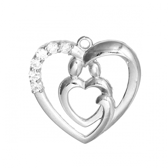 Picture of Brass Charms Mother And Child Silver Tone Heart Hollow 27mm(1 1/8") x 27mm(1 1/8"), 1 Piece                                                                                                                                                                   