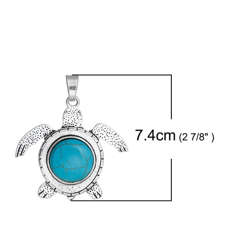 Picture of Ocean Jewelry Zinc Based Alloy Boho Chic Pendants Tortoise Antique Silver Color Blue Imitation Turquoise 74mm(2 7/8") x 65mm(2 4/8"), 1 Piece