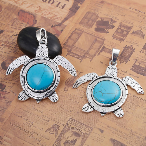Picture of Ocean Jewelry Zinc Based Alloy Boho Chic Pendants Tortoise Antique Silver Color Blue Imitation Turquoise 74mm(2 7/8") x 65mm(2 4/8"), 1 Piece
