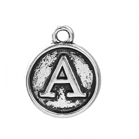 Picture of Zinc Based Alloy Charms Round Antique Silver Initial Alphabet/ Letter " A " 14mm( 4/8") x 12mm( 4/8"), 10 PCs