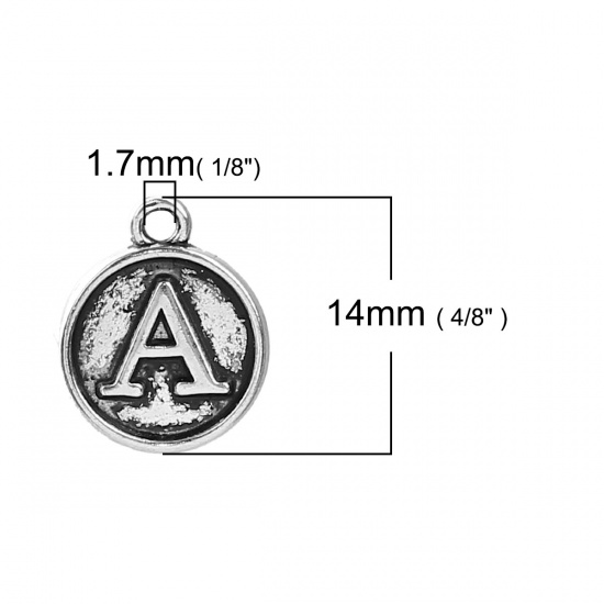 Picture of Zinc Based Alloy Charms Round Antique Silver Initial Alphabet/ Letter " A " 14mm( 4/8") x 12mm( 4/8"), 10 PCs