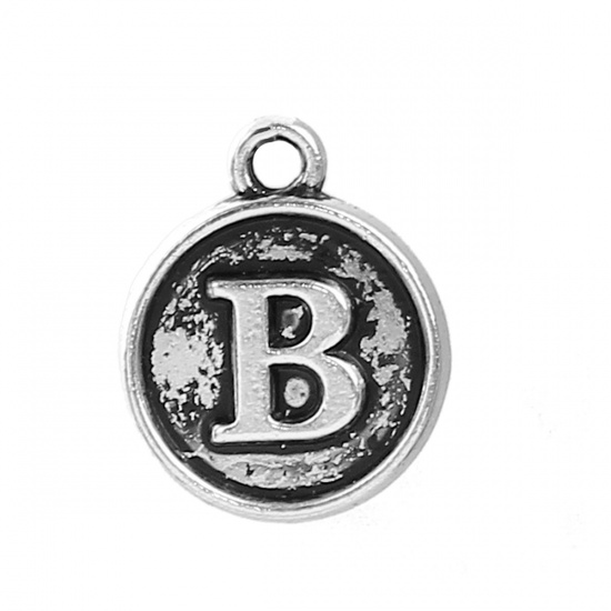 Picture of Zinc Based Alloy Charms Round Antique Silver Initial Alphabet/ Letter " B " 14mm( 4/8") x 12mm( 4/8"), 10 PCs