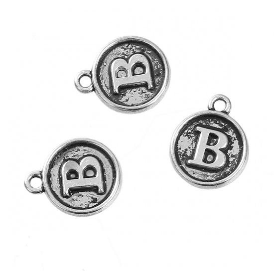 Picture of Zinc Based Alloy Charms Round Antique Silver Initial Alphabet/ Letter " B " 14mm( 4/8") x 12mm( 4/8"), 10 PCs