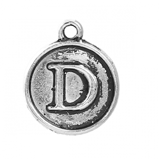 Picture of Zinc Based Alloy Charms Round Antique Silver Initial Alphabet/ Letter " D " 14mm( 4/8") x 12mm( 4/8"), 10 PCs