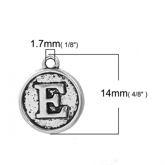 Picture of Zinc Based Alloy Charms Round Antique Silver Color Initial Alphabet/ Letter " E " 14mm( 4/8") x 12mm( 4/8"), 10 PCs