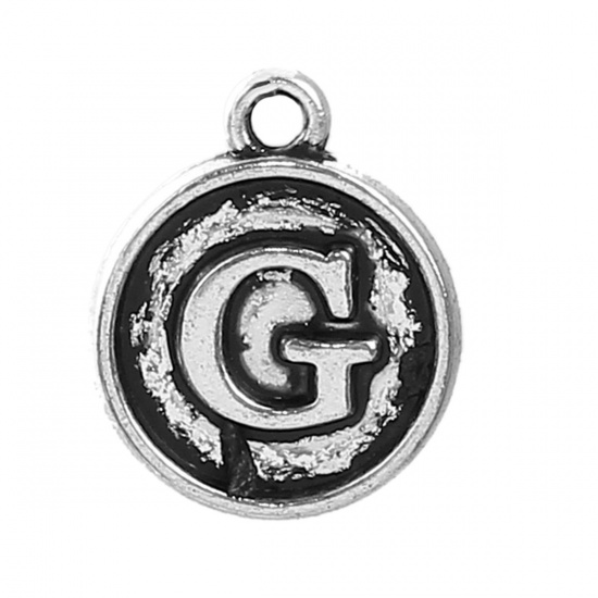 Picture of Zinc Based Alloy Charms Round Antique Silver Initial Alphabet/ Letter " G " 14mm( 4/8") x 12mm( 4/8"), 10 PCs